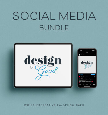 Social Media Bundle advertisement featuring "design for good" on a tablet and smartphone, with a URL for more information.