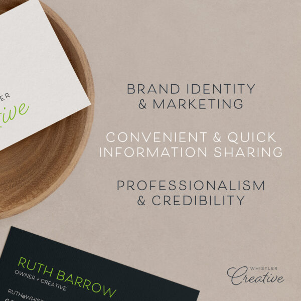 A business card and a piece of paper with text about brand identity, marketing, and the benefits of convenient and quick information sharing, professionalism, and credibility feature Tree-Free Business Cards for an eco-friendly touch.