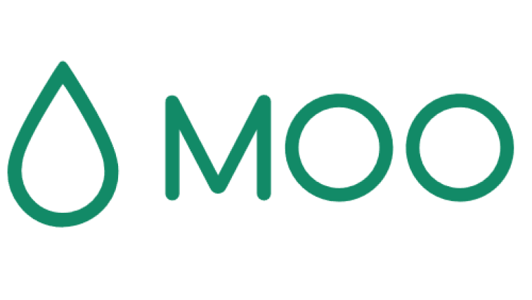 Logo featuring a green text "MOO" with a teardrop-shaped design replacing the letter "M", crafted using recommended tools.