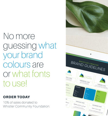 Brand guidelines display with color swatches and logos on a tablet. Text: "No more guessing what your brand colors are or what fonts to use! Order today and enjoy a special promotion." 10% of sales donated to charity.