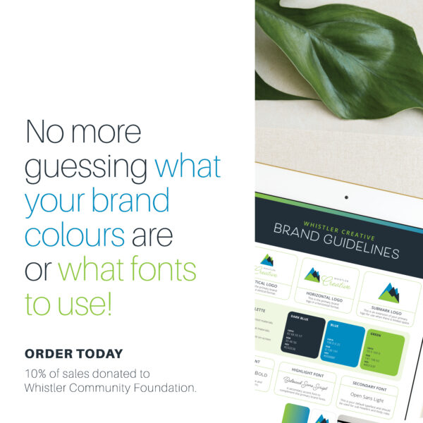 Brand guidelines display with color swatches and logos on a tablet. Text: "No more guessing what your brand colors are or what fonts to use! Order today and enjoy a special promotion." 10% of sales donated to charity.