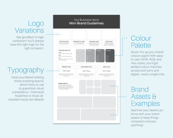 Mini-brand guidelines document featuring sections on logo variations, color palette, typography, and brand assets & examples, designed to promote easy brand consistency.