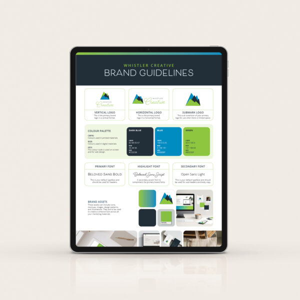 A tablet showcasing a brand guidelines document with logos, color palette, fonts, and brand assets for "Whistler Creative," is perfectly positioned for effective promotion.